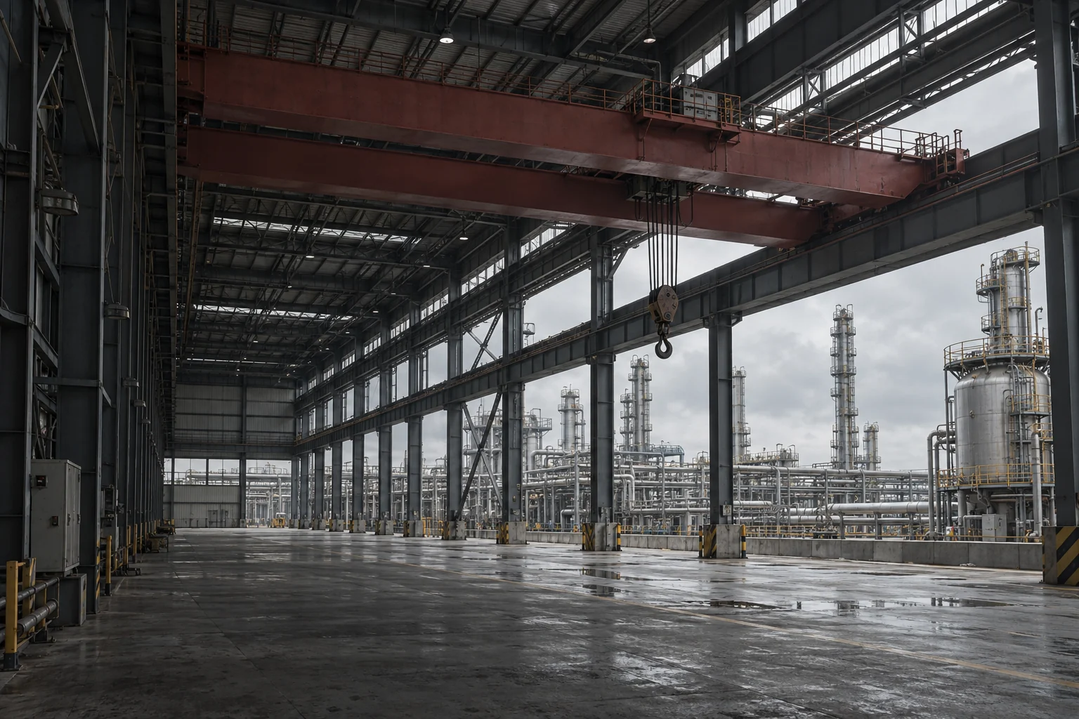 AI brand visual of an overhead crane and chemical-process infrastructure